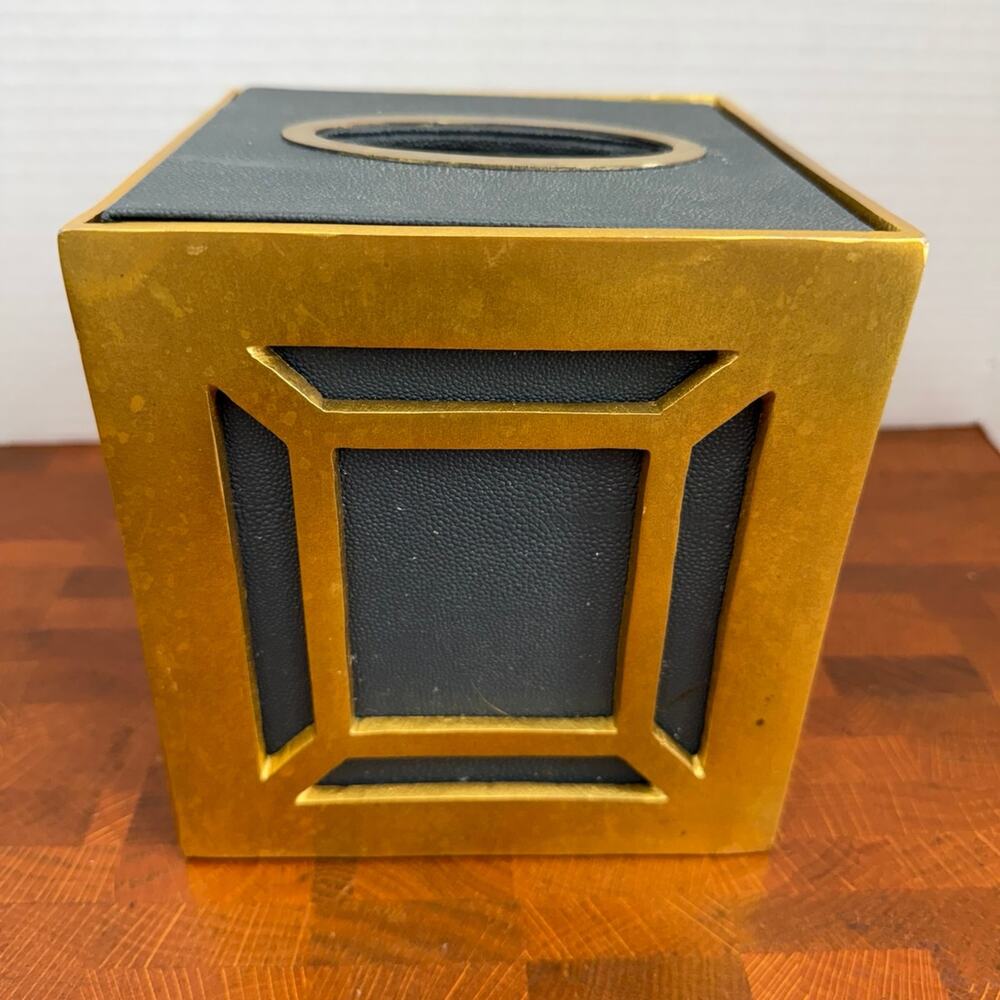 Vintage Hollywood Regency Tissue Box Cover Brass & Black square 6 1/2” x 6”